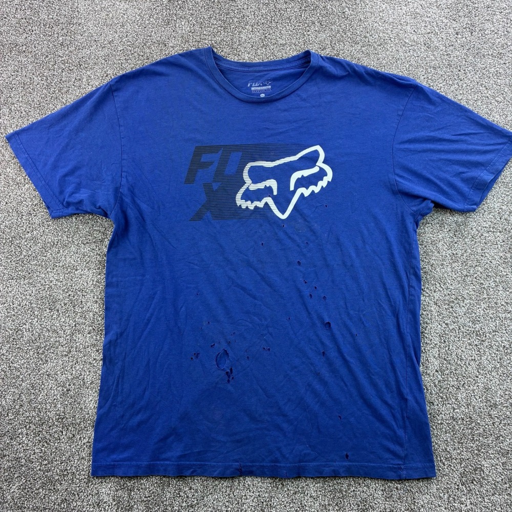 Fox Racing Shirt Mens XL Blue Cotton Blend Distressed Graphic Logo Tee Thrashed
